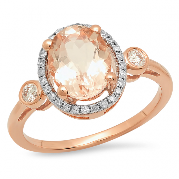 2.10 Carat (ctw) 18K Rose Gold Oval Cut Morganite & Round Cut White Diamond Ladies Bridal Halo Engagement Ring