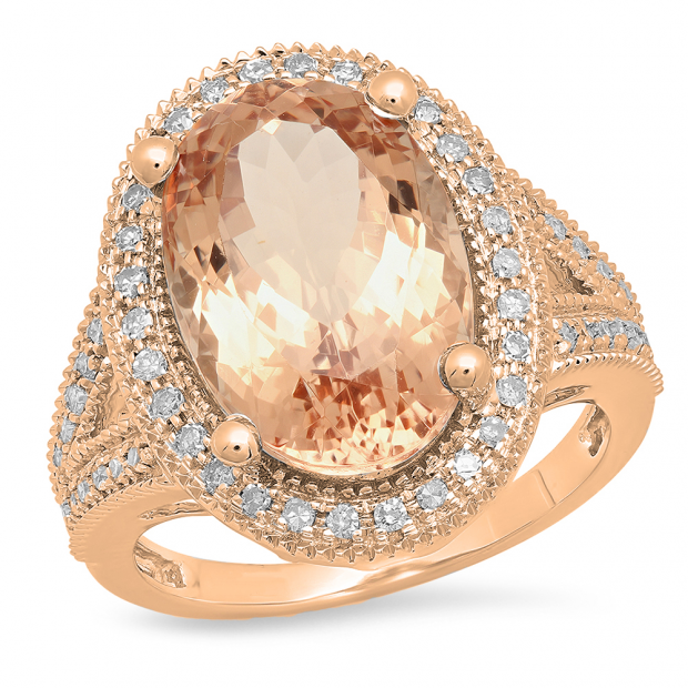 7.70 Carat (ctw) 10K Rose Gold Oval Cut Morganite & Round Cut White Diamond Ladies Halo Style Split Shank Bridal Engagement Ring