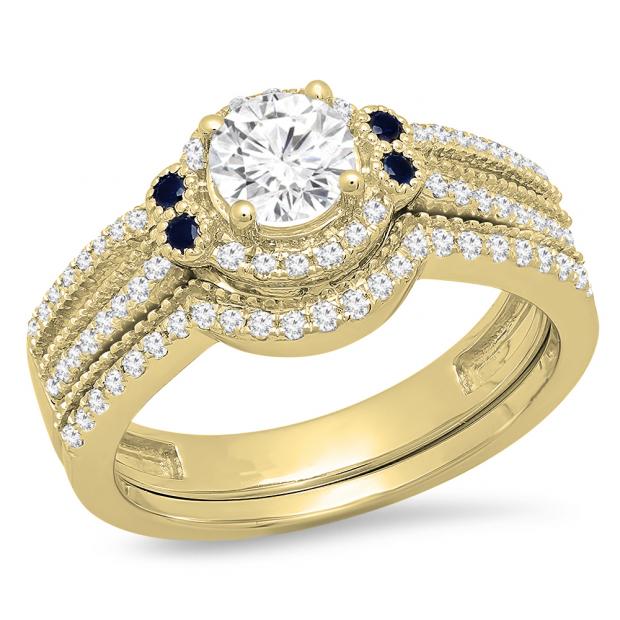 1.05 Carat (ctw) 10K Yellow Gold Round White And Blue Sapphire Ladies Halo Style Bridal Engagement Ring With Matching BAnd Set 1 CT
