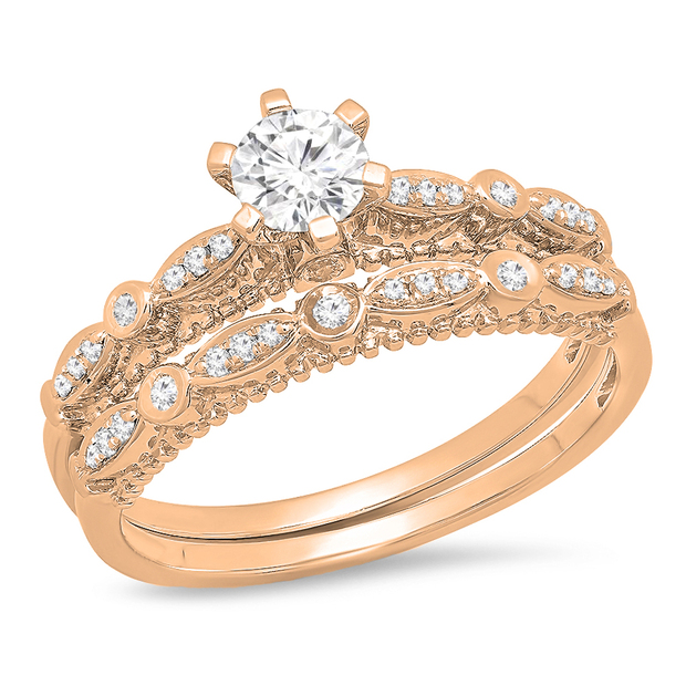 0.50 Carat (ctw) 18K Rose Gold Round Cut White Diamond Ladies Bridal Vintage Style Engagement Ring With Matching Band Set 1/2 CT