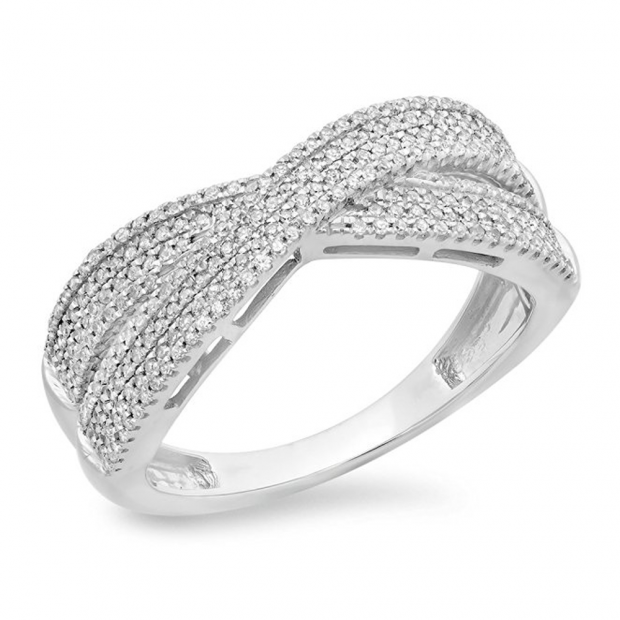 0.38 Carat (ctw) 10K White Gold Round White Diamond Ladies Crossover Swirl Anniversary Wedding Band Stackable Ring