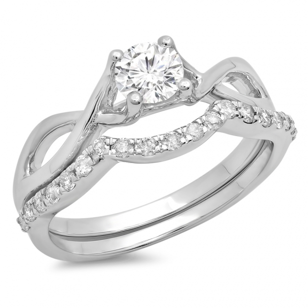 0.65 Carat (ctw) 18K White Gold Round White Diamond Ladies Bridal Split Shank Swirl Engagement Ring Matching Band Set