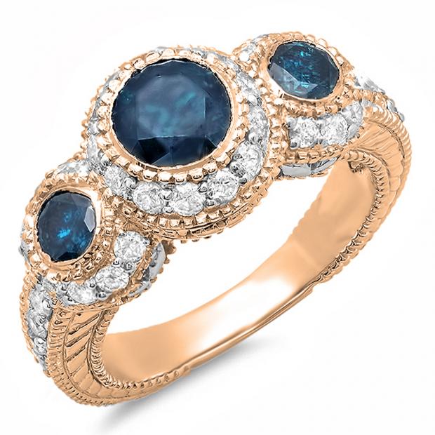 2.40 Carat (ctw) 10K Rose Gold Round Blue And White Diamond Ladies Vintage Bridal Engagement 3 Stone Ring 2 1/2 CT