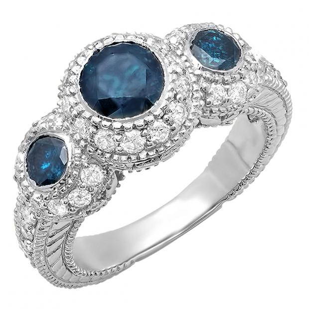 2.40 Carat (ctw) 10K White Gold Round Blue And White Diamond Ladies Vintage Bridal Engagement 3 Stone Ring 2 1/2 CT