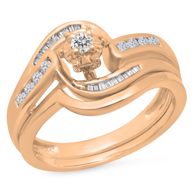 0.28 Carat (ctw) 10K Rose Gold Round & Baguette Cut Diamond Ladies Bypass Twisted Style Bridal Engagement Ring With Matching Band Set 1/4 CT