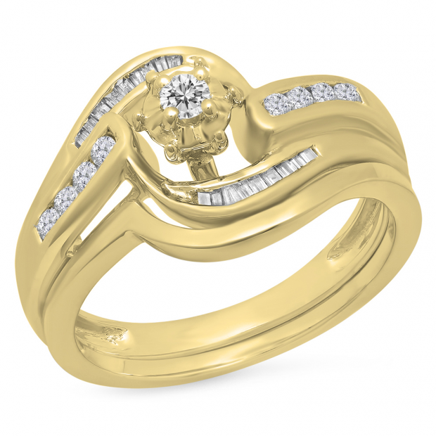 0.28 Carat (ctw) 10K Yellow Gold Round & Baguette Cut Diamond Ladies Bypass Twisted Style Bridal Engagement Ring With Matching Band Set 1/4 CT