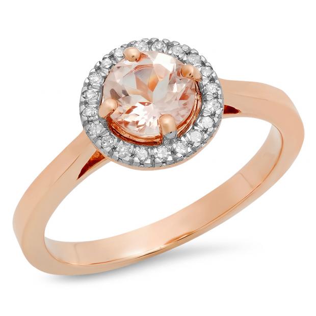 0.85 Carat (ctw) 14K Rose Gold Round Morganite & White Diamond Ladies Halo Style Bridal Engagement Ring