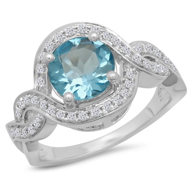 2.25 Carat (ctw) 14K White Gold Round Blue Topaz & White Diamond Ladies Bridal Swirl Split Shank Engagement Ring