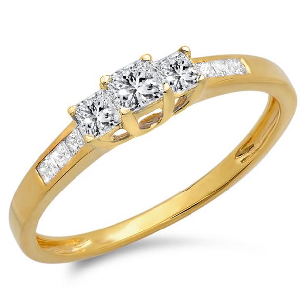 0.48 Carat (ctw) 10K Yellow Gold Princess Cut Diamond Ladies 3 Stone Bridal Engagement Ring 1/2 CT