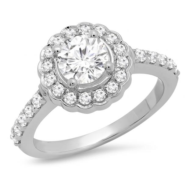 1.40 Carat (ctw) 14K White Gold Round Cut White Sapphire & White Diamond Ladies Halo Style Bridal Engagement Ring 1 CT
