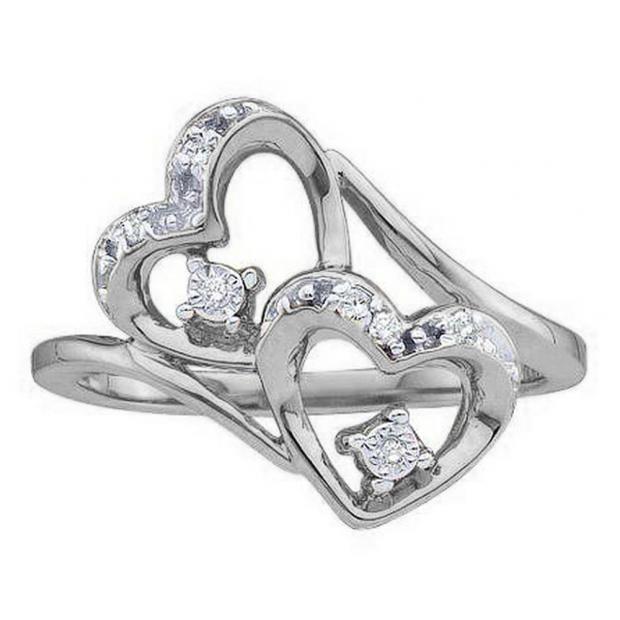 0.12 Carat (ctw) 10K White Gold Round Diamond Ladies Bridal Promise Double Heart Engagement Ring