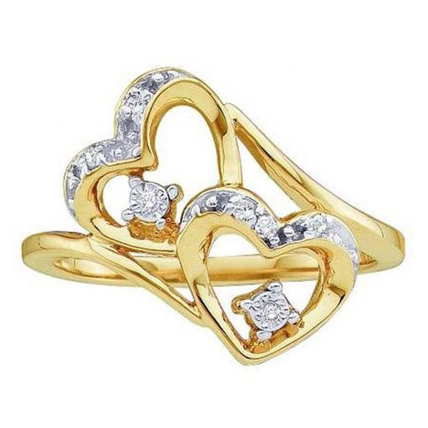0.12 Carat (ctw) 14K Yellow Gold Round Diamond Ladies Bridal Promise Double Heart Engagement Ring