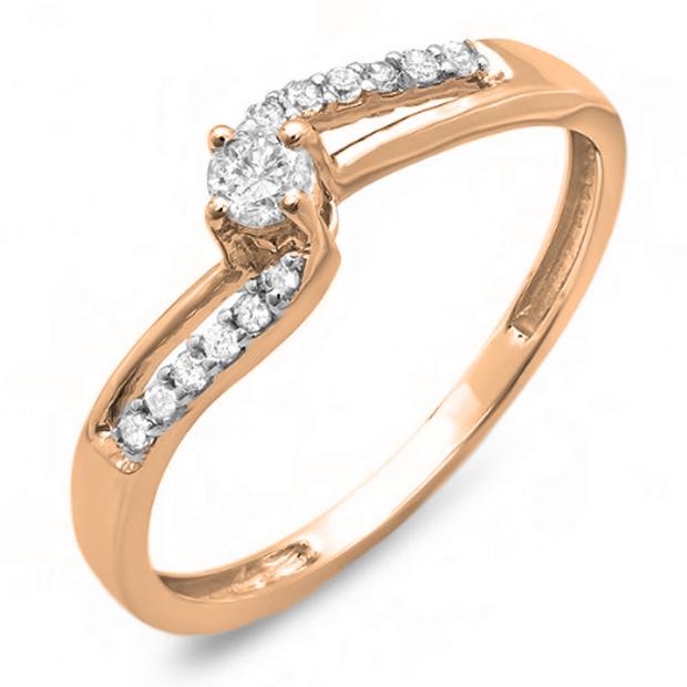 0.20 Carat (ctw) 10K Rose Gold Round Diamond Wave Ladies Bridal Promise Engagement Ring 1/5 CT