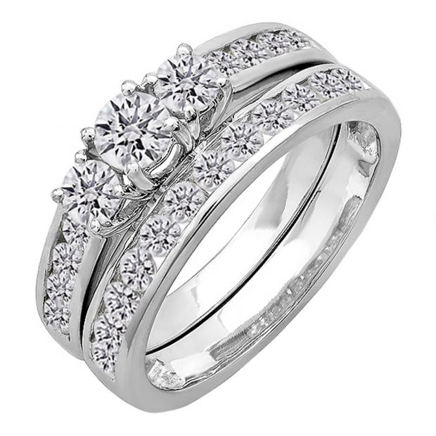 1.15 Carat (ctw) 14K White Gold Round Diamond Ladies Bridal 3 Stone Engagement Ring Set