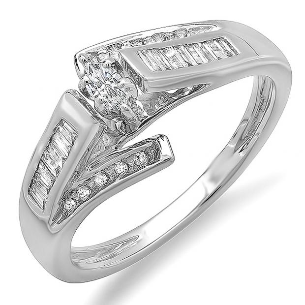 0.35 Carat (ctw) 14K White Gold Marquise Baguette & Round Diamond Ladies Engagement Bridal Ring 1/3 CT