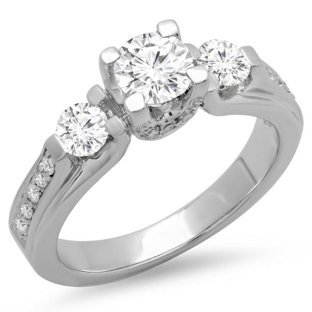 1.00 Carat (ctw) 14K White Gold Round Diamond 3 Stone Ladies Bridal Engagement Ring