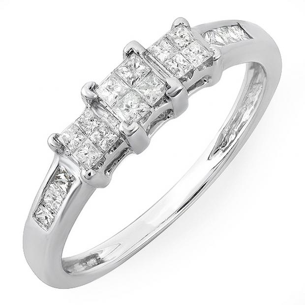 0.50 Carat (ctw) 14K White Gold Princess Cut Diamond 3 Stone Ladies Engagement Bridal Ring 1/2 CT