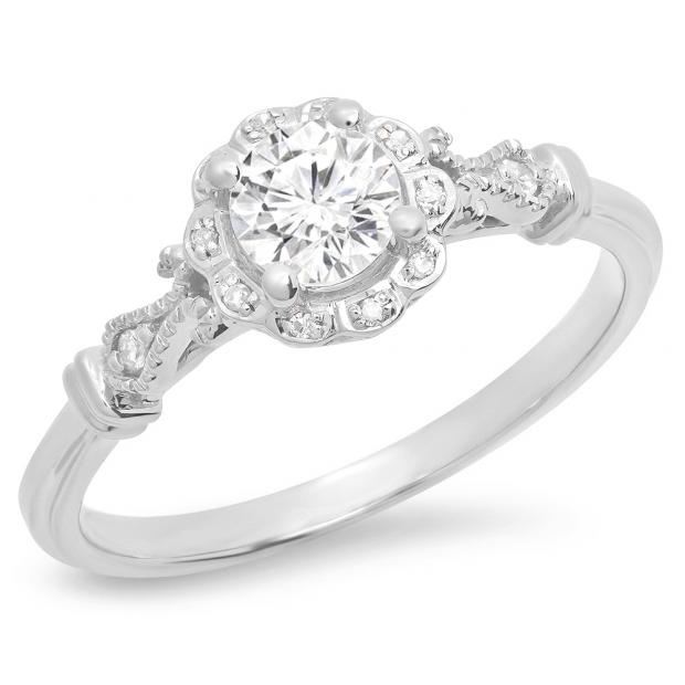 0.45 Carat (ctw) 14K White Gold Round White Diamond Ladies Bridal Halo Vintage Style Engagement Ring 1/2 CT