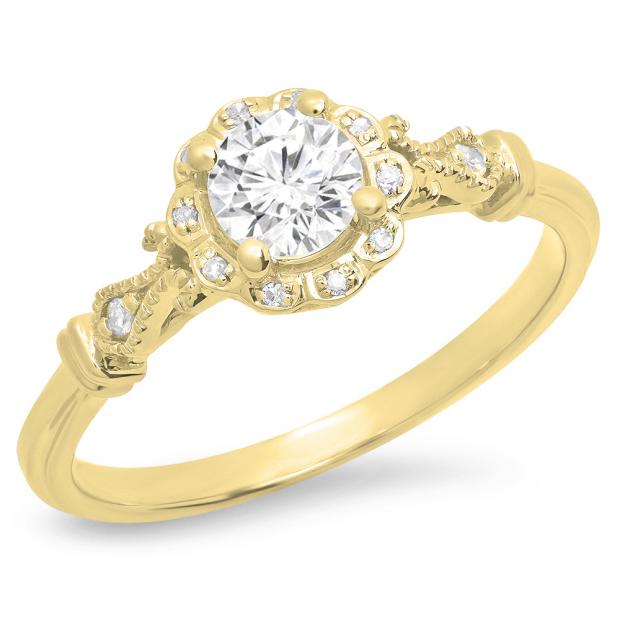 0.45 Carat (ctw) 14K Yellow Gold Round White Diamond Ladies Bridal Halo Vintage Style Engagement Ring 1/2 CT