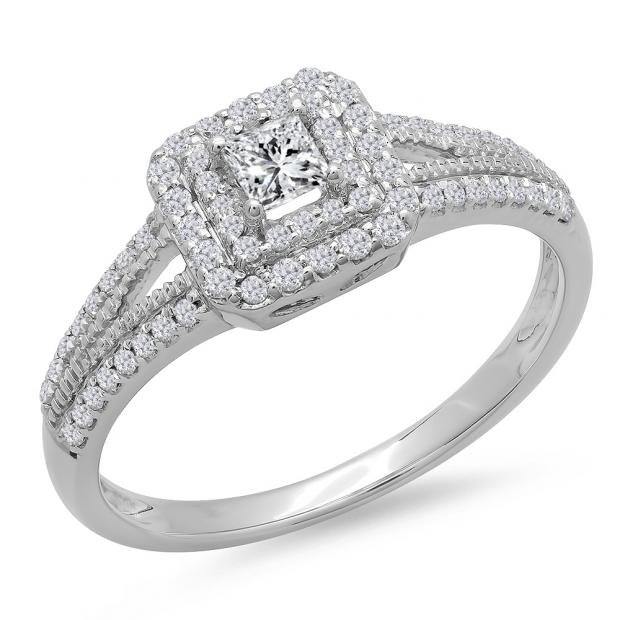 0.65 Carat (ctw) 14K White Gold Princess & Round Cut Diamond Ladies Halo Engagement Bridal Ring Set Matching Wedding Band