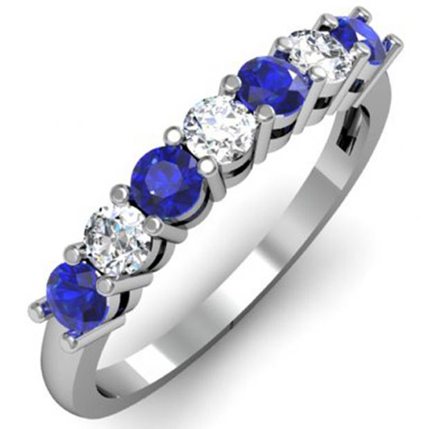 0.80 Carat (ctw) 14K White Gold Round Blue Sapphire and White Diamond Ladies 7 Stone Bridal Wedding Band Anniversary Ring 3/4 CT