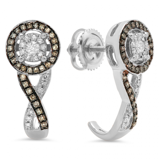 0.35 Carat (ctw) 10K White Gold Real Round White & Champagne Diamond Ladies Swirl Infinity J Shaped Hoop Earrings 1/3 CT