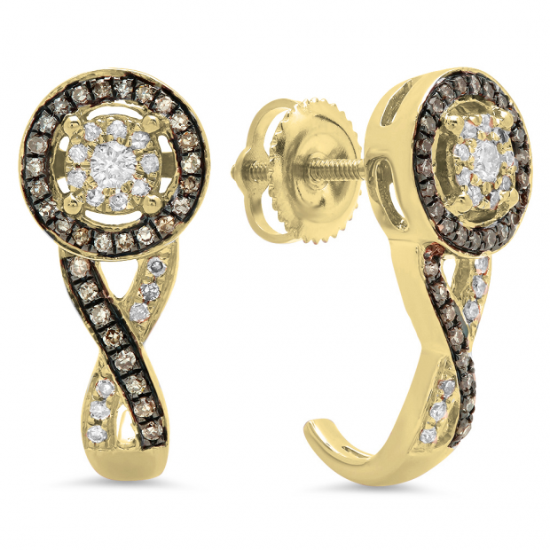 0.35 Carat (ctw) 10K Yellow Gold Real Round White & Champagne Diamond Ladies Swirl Infinity J Shaped Hoop Earrings 1/3 CT