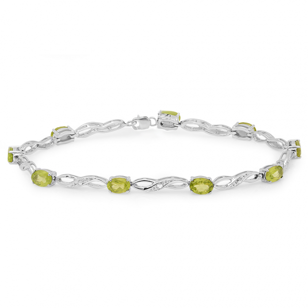 4.15 Carat (ctw) Sterling Silver Real Oval Cut Genuine Peridot & Round White Diamond Ladies Link Bracelet