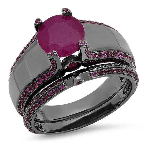 3.25 Carat (ctw) Black Rhodium Plated Sterling Silver Round Cut Ruby Ladies Bridal Engagement Ring With Matching Band Set