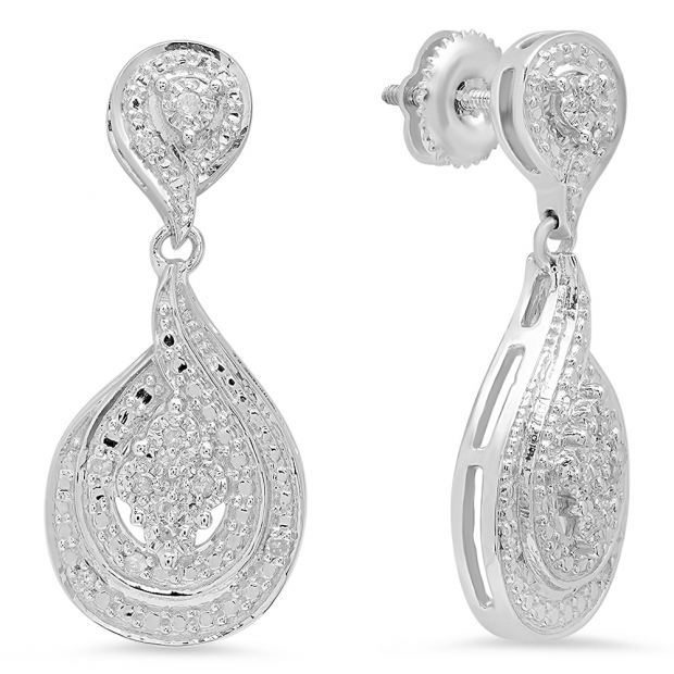 0.15 Carat (ctw) Sterling Silver Round White Diamond Ladies Dangling Drop Earrings