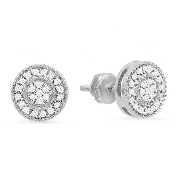 0.15 Carat (ctw) 10K White Gold Real Round Cut White Diamond Ladies Flower Cluster Stud Earrings