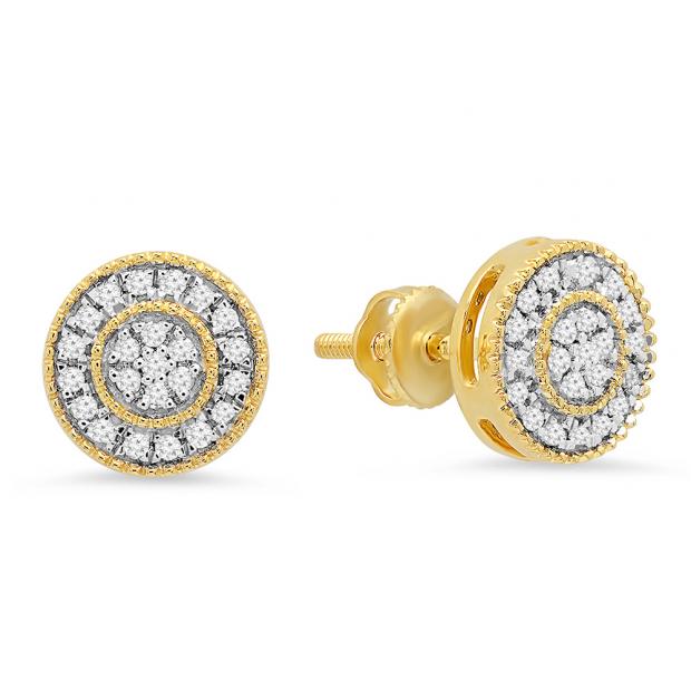 0.15 Carat (ctw) 10K Yellow Gold Real Round Cut White Diamond Ladies Flower Cluster Stud Earrings
