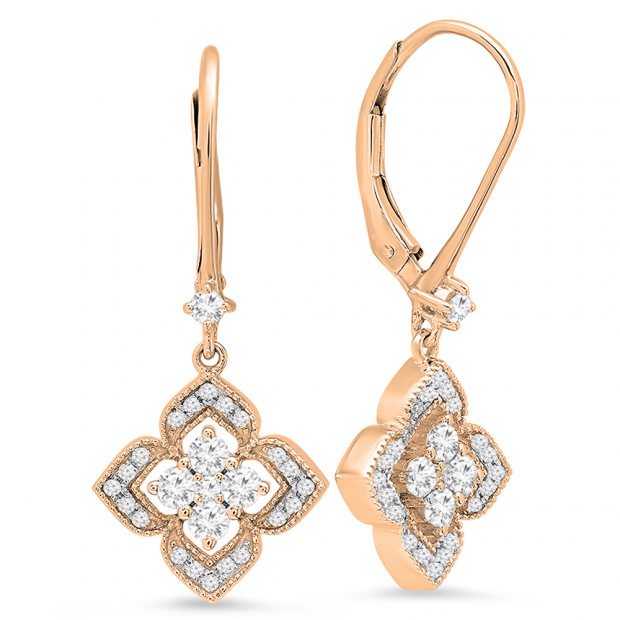0.60 Carat (ctw) 14K Rose Gold Round Cut Diamond Ladies Cluster Flower Dangling Drop Earrings