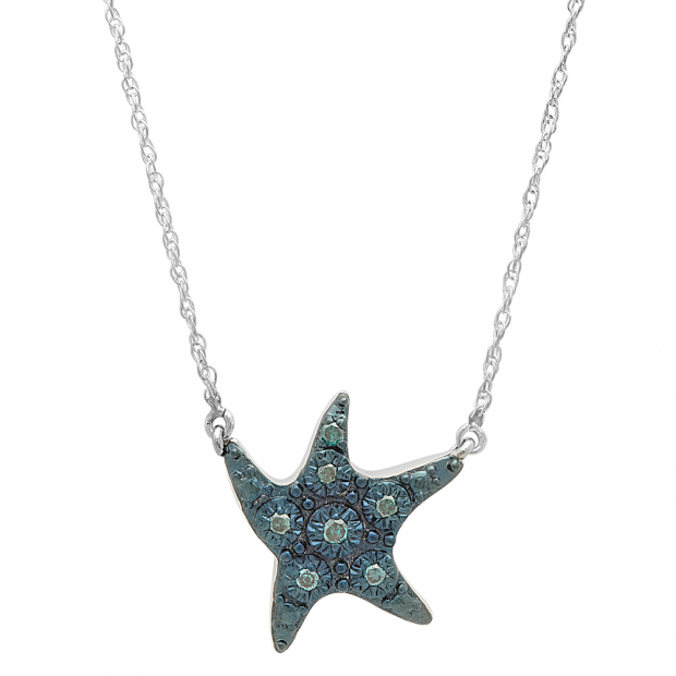 0.10 Carat (ctw) Blue Plated Sterling Silver Round Blue Diamond Ladies Starfish Fashion Pendant 1/10 CT (Silver Chain Included)
