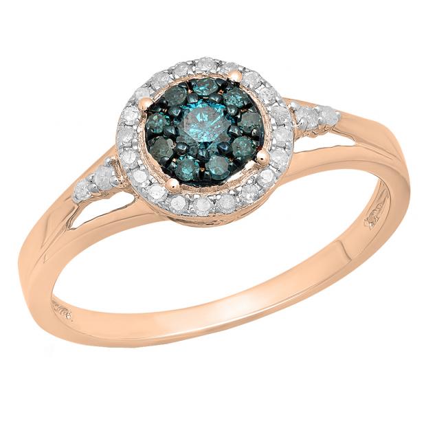 0.30 Carat (ctw) 10K Rose Gold Round White & Blue Diamond Ladies Cluster Engagement Ring 1/3 CT