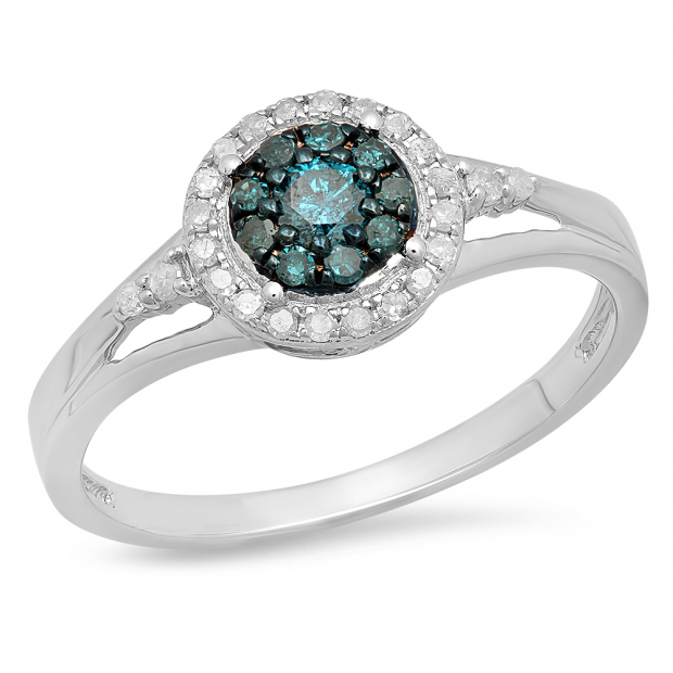 0.30 Carat (ctw) Sterling Silver Round White & Blue Diamond Ladies Cluster Style Bridal Engagement Ring 1/3 CT