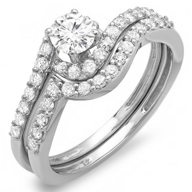 0.85 Carat (ctw) 14K White Gold Round Diamond Ladies Swirl Bridal Engagement Ring Matching Band Set