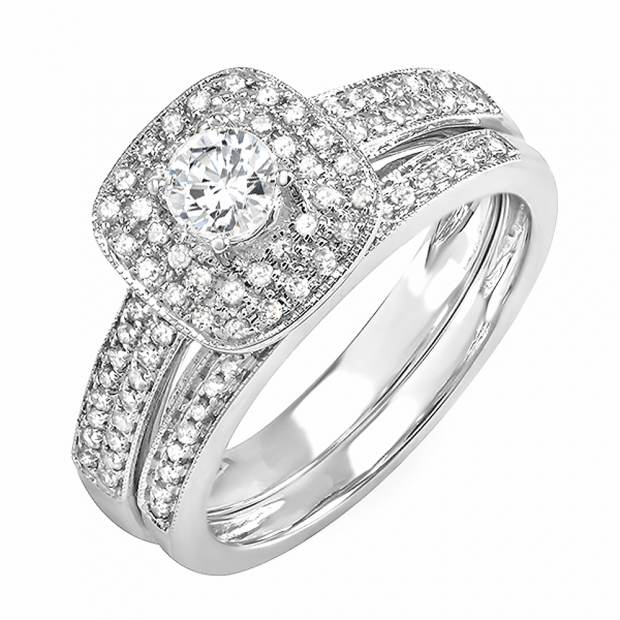 0.85 Carat (ctw) 14K White Gold Round Diamond Ladies Bridal Ring Shape Engagement Set Matching Band
