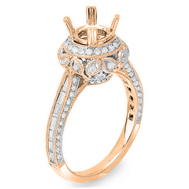 1.15 Carat (Ctw) 14K Rose Gold Brilliant Round & Baguette Cut Diamond Vintage Antique Look Semi Mount Ladies Engagement Bridal Ring (No Center Stone)