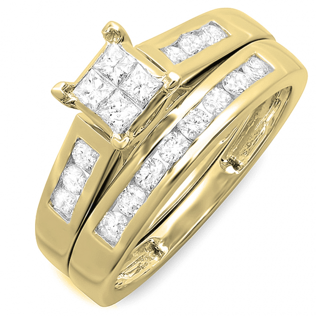 0.75 Carat (ctw) 14K Yellow Gold Princess & Round Diamond Ladies Bridal Engagement Ring Set Matching Band