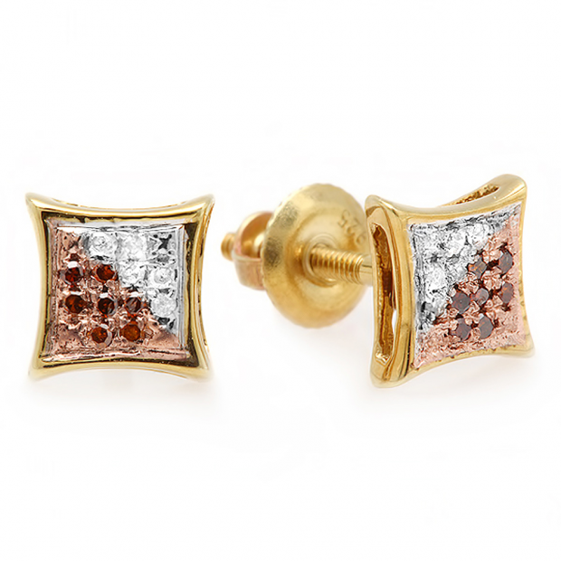 0.10 Carat (ctw) 10K Yellow Gold White & Red Round Diamond Micro Pave Setting Kite Shape Stud Earrings 1/10 CT