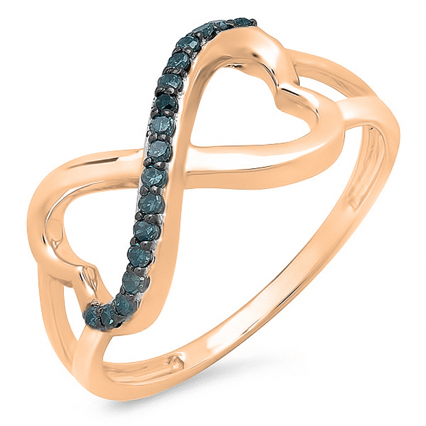 0.15 Carat (ctw) 10K Rose Gold Round Blue Diamond Ladies Two Double Heart Infinity Love Engagement Promise Ring