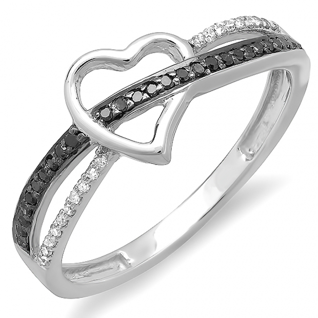0.15 Carat (ctw) 10K White Gold Round Black and White Diamond Ladies Promise Heart Love Engagement Ring