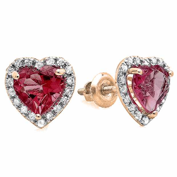 1.35 Carat (ctw) 10K Rose Gold Heart Rhodolite & White Diamond Halo Stud Earring