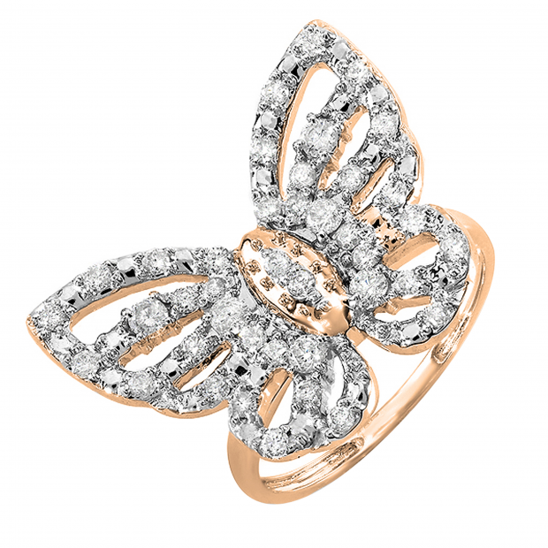 0.70 Carat (ctw) 10K Rose Gold Round Diamond Ladies Butterfly Cocktail Right Hand Ring 3/4 CT