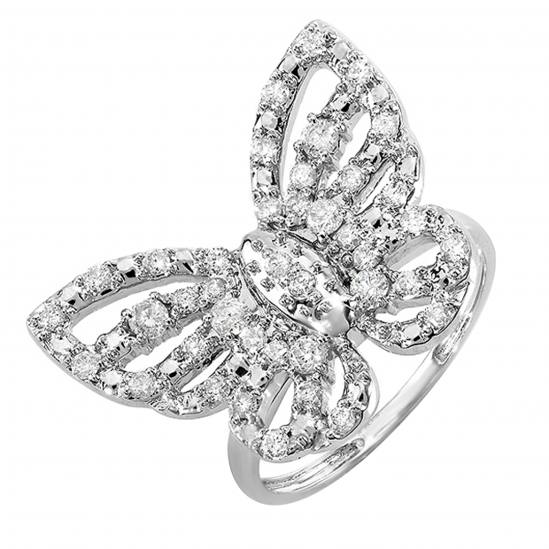 0.70 Carat (ctw) 10K White Gold Round Diamond Ladies Butterfly Cocktail Right Hand Ring 3/4 CT