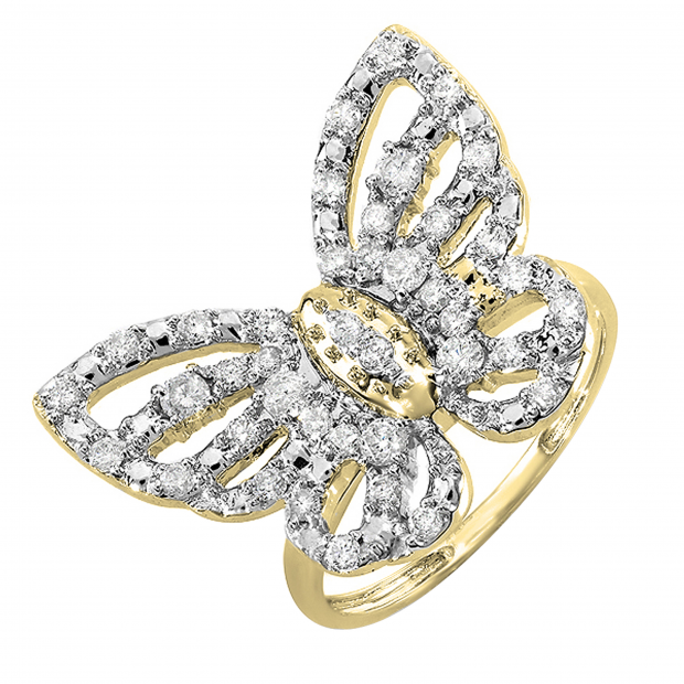 0.70 Carat (ctw) 10K Yellow Gold Round Diamond Ladies Butterfly Cocktail Right Hand Ring 3/4 CT