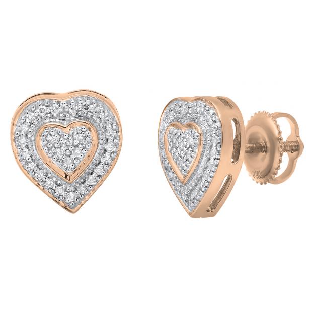 0.16 Carat (ctw) 10K Rose Gold Round Cut White Diamond Ladies Micro Pave Heart Shape Stud Earrings