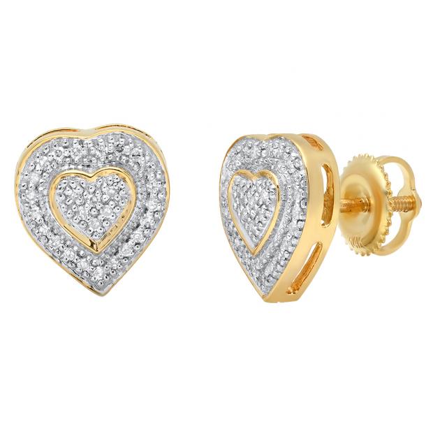 0.16 Carat (ctw) 10K Yellow Gold Round Cut White Diamond Ladies Micro Pave Heart Shape Stud Earrings