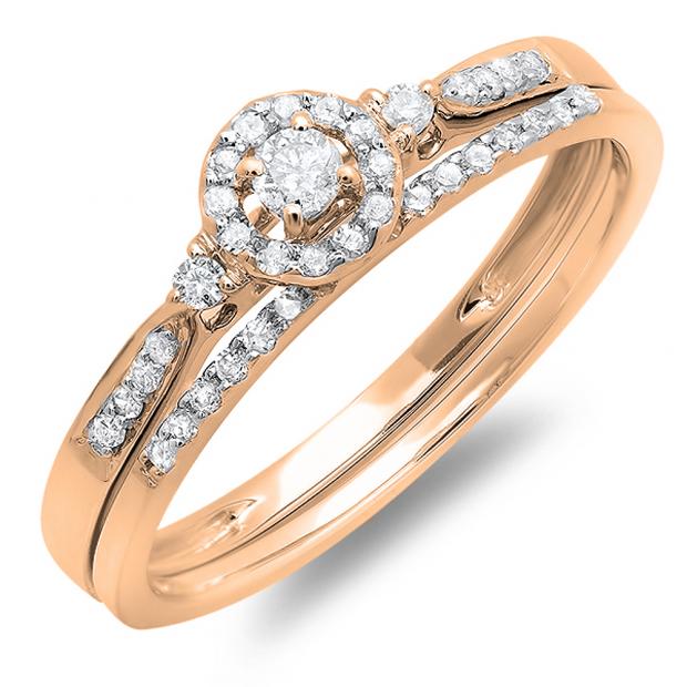 0.27 Carat (ctw) 10K Rose Gold Round Diamond Ladies Halo Style Bridal Engagement Ring Set With Matching Band 1/4 CT
